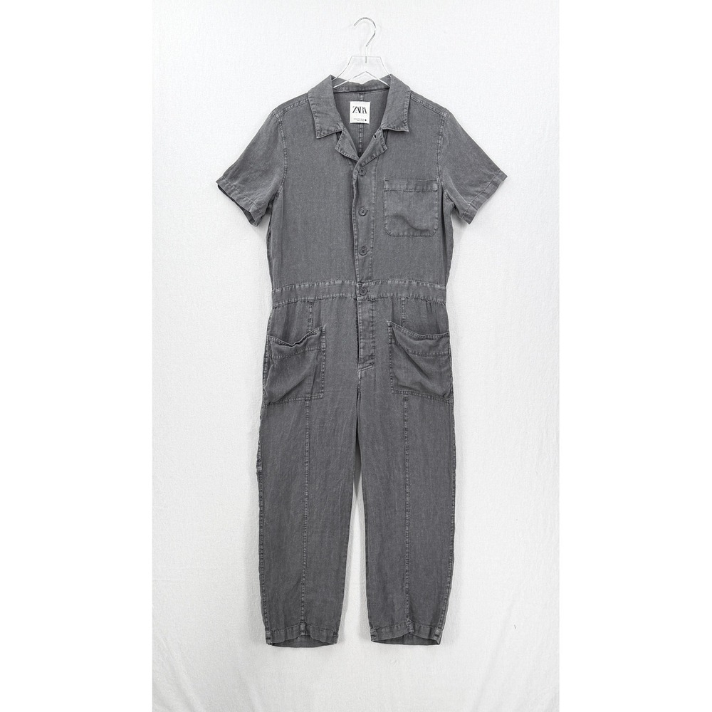 Zara Jumpsuit Women Extra Small Gray Utility 100% Linen Short Sleeve Button Up - Picture 5 of 16
